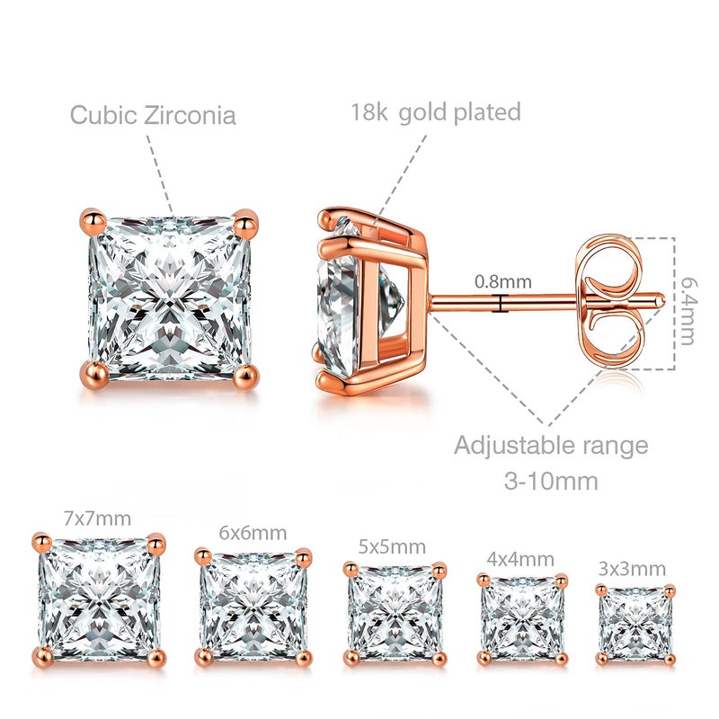 MDFUN 18K Rose Gold Plated Princess Cut Square Clear Cubic Zirconia Stud Earring Pack of 5 Pairs - Image 2
